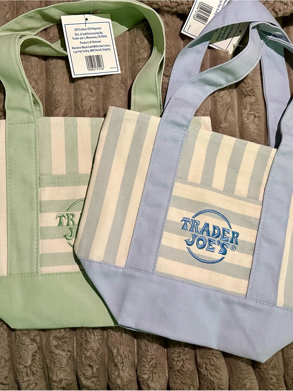 Set of 2 Trader Joe's Mini Stripe Totes  - Blue & Green
